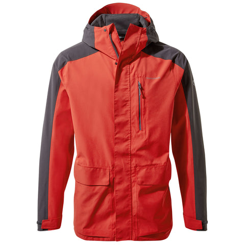 A vibrant red jacket with gray accents is displayed. It features a zippered pocket, a hood, and two front pockets, suitable for outdoor activities in cool conditions.