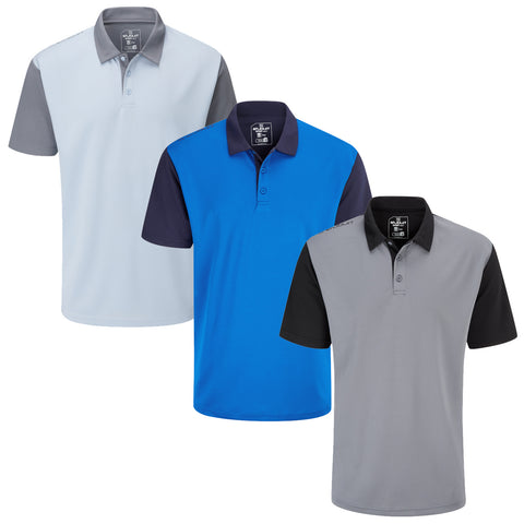 Three polo shirts are displayed side by side showcasing different color combinations light gray with dark gray short sleeves blue with dark navy short sleeves and dark gray with black short sleeves.