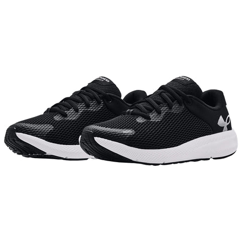 Black athletic shoes with a mesh upper and white sole sit side by side on a neutral background showcasing their design and branding for potential athletic use.