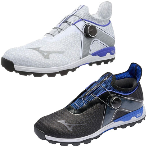 Two pairs of athletic shoes are displayed one in grey with a geometric design and the other in black with blue accents both featuring a Boa lacing system for adjustable fit designed for active use.