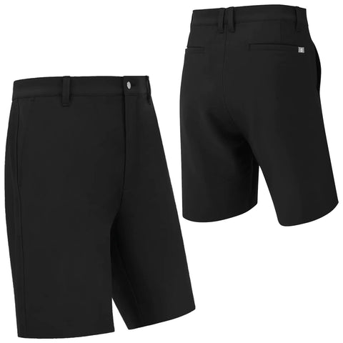 Black shorts are displayed from the front and back featuring a smooth fabric design and a waistband with a button closure while highlighted against a neutral background.