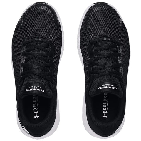 Two black athletic shoes are displayed side by side with a textured mesh upper and a white sole resting on a neutral background emphasizing their design and features.