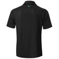 A black polo shirt is displayed showcasing its back view with a light blue logo near the collar and short sleeves, emphasizing a simple yet sporty design suitable for casual wear.