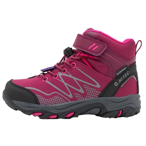 A pink and gray hiking boot is positioned with the laces tightened and a strap secured the boot features a rugged sole and waterproof material designed for outdoor activities.