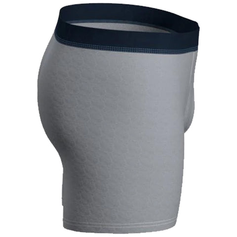 Gray boxer briefs are displayed prominently with a dark waistband featuring a subtle design the briefs have a snug fit emphasizing the garment's streamlined appearance.