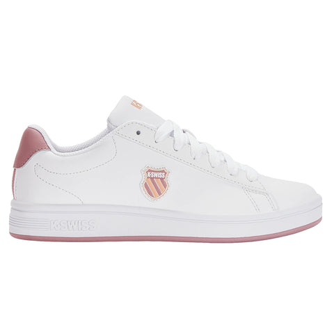 A white sneaker with a pink accent and logo sits upright showcasing its smooth leather surface and lace-up design in a neutral background emphasizing its clean and casual style.