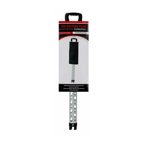 A golf accessory with a black handle and an aluminum shaft features holes for grip. It is designed for collecting golf balls and includes a label detailing its specifications and uses.