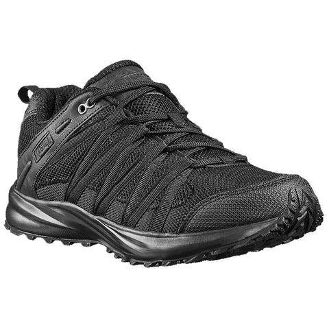 A black athletic shoe features a textured fabric upper with a lace-up design and a rugged sole for traction suggesting suitability for outdoor activities in various settings.