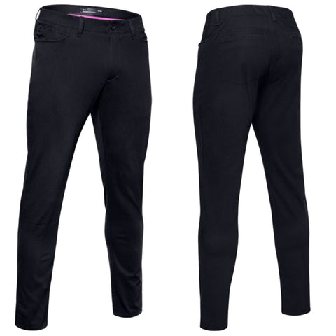 Black pants displayed from the front and back showcasing a sleek design and fitted cut suitable for casual or semi-formal wear in a neutral setting.