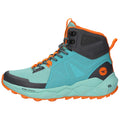 A blue and orange hiking shoe stands upright showing its high-top design and textured upper while the sturdy sole indicates functionality for outdoor activities in various terrains.