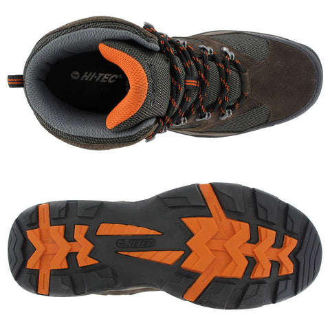 A hiking boot features a rugged design with brown and gray materials. The action shows it being viewed from above, highlighting laces and cushioned interior. The context suggests outdoor use.