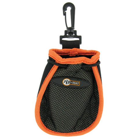 A small, black and orange pouch hangs from a hook, designed for carrying items. The pouch features a cinched opening and a textured exterior for grip.