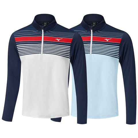 Two long-sleeve athletic shirts are displayed side by side featuring half zippers and contrasting colors with horizontal stripes on the upper sections a navy blue design and a light blue option