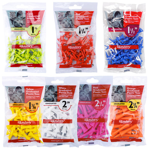 Six packages of graduated plastic golf tees in various colors are displayed. Each package contains multiple tees and includes height specifications for consistent use during golfing.