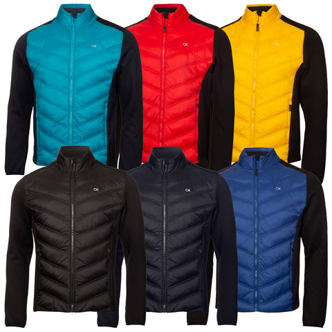 A collection of six jackets displayed in two rows features varying colors including turquoise red yellow black and navy blue each with a zippered front and distinct textured patterns.