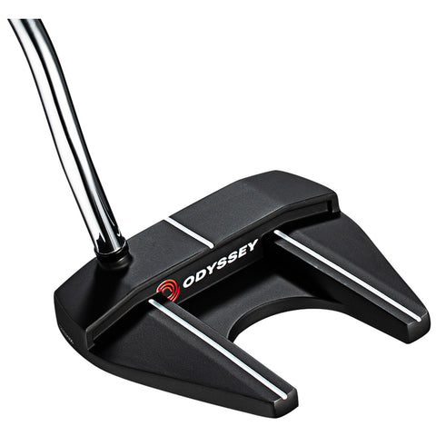 A black golf putter with a streamlined design sits upright, featuring white lines for alignment and the brand name Odyssey displayed prominently. A shiny chrome shaft extends from the clubhead.