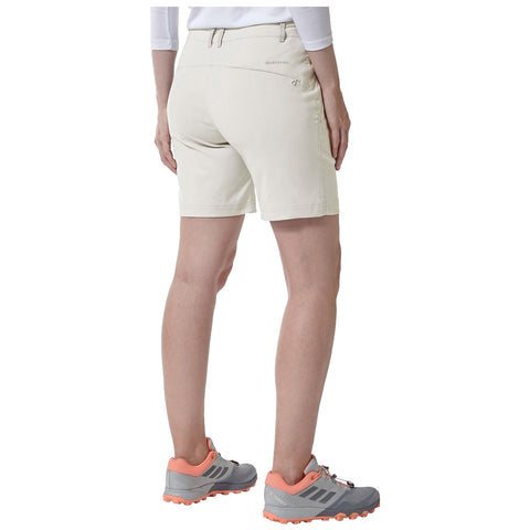 Light gray shorts with a button closure and two side pockets designed for outdoor activities displayed against a plain background showcasing their simple and functional style.