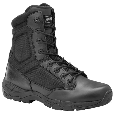 A black military-style boot stands upright with a textured leather and nylon design laced tightly. Its sturdy sole suggests durability for rugged terrain or activities.