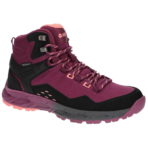 A waterproof hiking boot features a purple and black fabric design with pink accents. It has a high ankle support and a textured sole, suitable for outdoor activities.