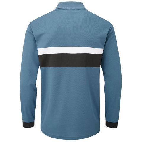 A long-sleeved blue polo shirt is displayed from the back featuring a white horizontal stripe and a black stripe across the middle with a collar and black ribbed cuffs.