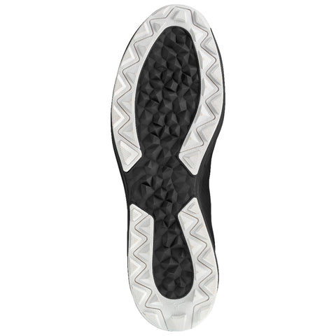 A sneaker sole with a black rubber surface displaying geometric patterns and white edges is shown from a top-down perspective emphasizing traction and grip in a neutral context.