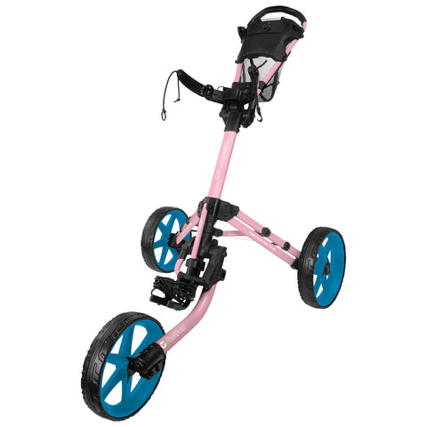 A golf push cart with a pink frame and blue wheels stands upright. It includes a seat for a golfer and a handle for pushing while transporting golf clubs.