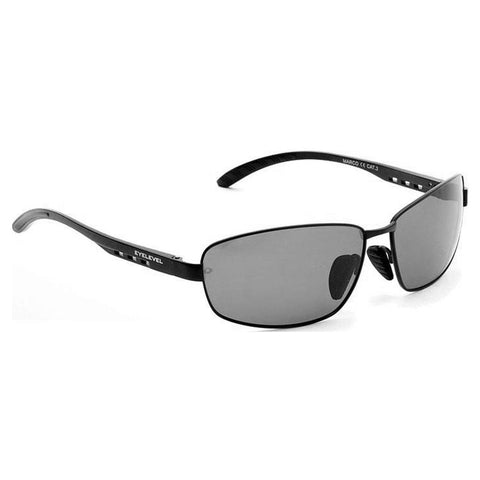 Sunglasses are displayed angled slightly to the right with dark lenses and a sleek black frame designed for outdoor wear against a neutral background