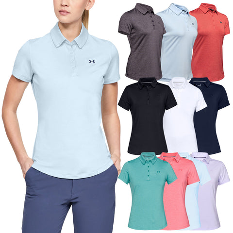 Under Armour Ladies Zinger 2.0 Polo Shirt A woman stands confidently wearing a light blue polo shirt with the Under Armour logo while showcasing a variety of similarly styled polo shirts in different colors on either side.