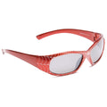 Red sunglasses with a spider web design on the frames are displayed at an angle highlighting their playful, themed appearance suggesting a connection to superhero imagery and outdoor use.