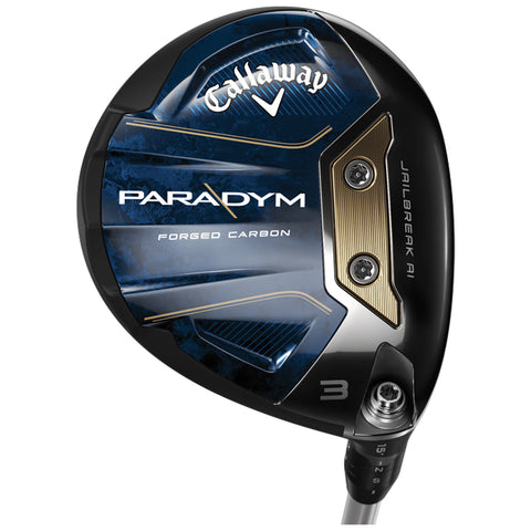 A golf club driver with a blue and black design featuring the word PARADYM is positioned on a white background displaying various technological elements and the Callaway logo near the top.