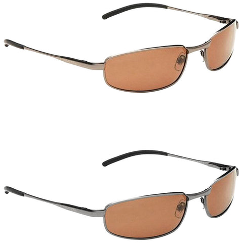 Sunglasses with rectangular brown lenses are displayed on a white background showing two pairs stacked one on top of the other with sleek metallic frames and dark ear tips.