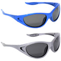 Eyelevel Kids Dolphin Polarized Sunglasses Two pairs of sunglasses are displayed one above the other. The top pair is blue and the bottom pair is gray. Both have dark lenses and a sporty design.