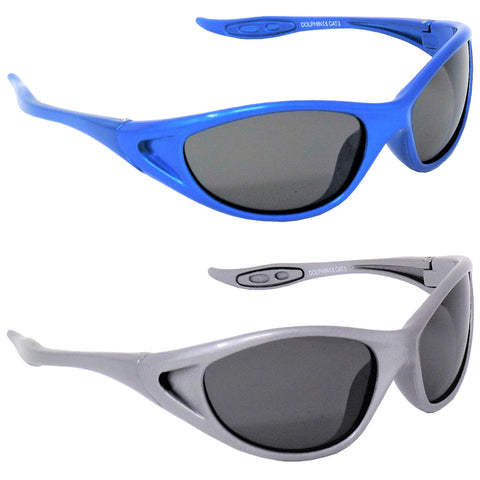 Eyelevel Kids Dolphin Polarized Sunglasses Two pairs of sunglasses are displayed one above the other. The top pair is blue and the bottom pair is gray. Both have dark lenses and a sporty design.