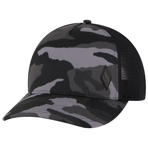 Skechers Junior Blackout Diamond Trucker Cap SKTK7035 A gray and black camo baseball cap is displayed at an angle revealing its flat brim and mesh back providing ventilation in casual outdoor settings.