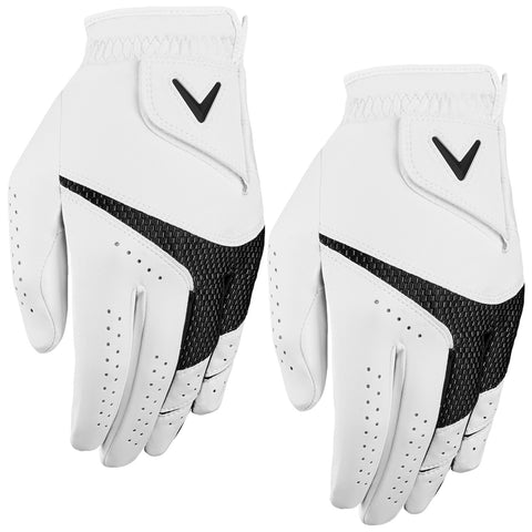 Two golf gloves are displayed side by side featuring a white leather exterior with black mesh panels and ventilation holes designed for improved grip and comfort while playing golf.