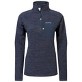 A dark blue pullover with a quarter zip features long sleeves and a chest pocket. It is designed for casual or outdoor use, showcasing a textured fabric suitable for warmth.