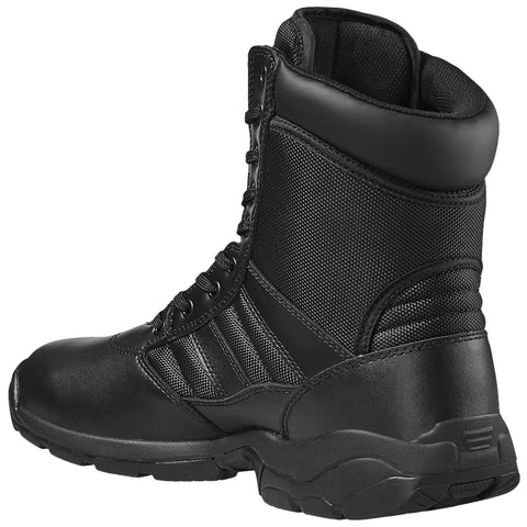 A black boot with a high ankle design features a combination of smooth leather and textured mesh materials. It includes laces and a rugged sole, suitable for outdoor activities.