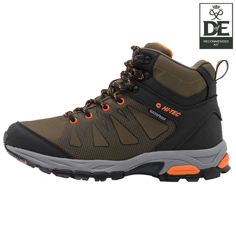 Hiking boot features a sturdy design with a combination of brown and black materials and orange accents providing waterproof functionality suitable for outdoor adventures displayed against a plain background