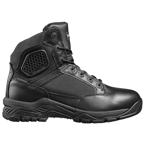 Black tactical boot features a waterproof exterior and durable materials designed for rugged environments providing support and traction in various outdoor conditions.