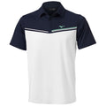 A short-sleeved polo shirt in a color-block design features a navy upper section with a white lower section and a small logo on the chest, suitable for casual or athletic wear.