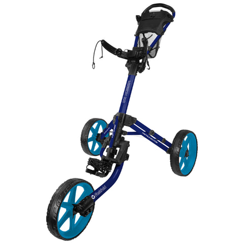 A golf push cart features a blue frame with three wheels two of which are large with turquoise accents the cart is designed to carry golf bags while being maneuvered on a course