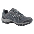 A grey athletic shoe features a mesh and synthetic upper with a rugged rubber sole designed for outdoor activities placed on a plain light background.