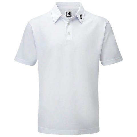 A white polo shirt features a collar and short sleeves and has a logo on the left collar. It is designed for casual or athletic wear in various settings.