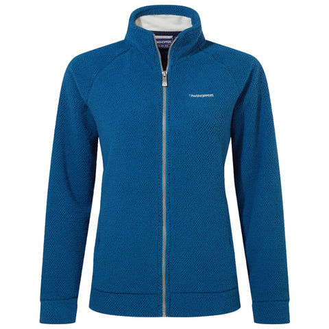 A blue fleece jacket is displayed in a frontal view the jacket features a zip closure and a high collar designed for warmth and comfort suitable for casual outdoor wear.