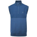 A sleeveless, zippered pullover in a solid dark blue color with a textured upper section is displayed against a plain background emphasizing its design and color.