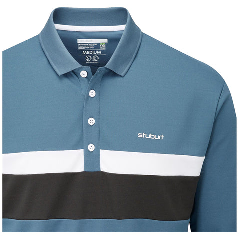 A blue polo shirt with white and black horizontal stripes features a collar and button placket It has the brand name Stuburt displayed on the left side