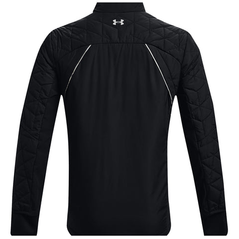 A black long-sleeved athletic jacket hangs vertically displaying a textured quilted back and side stripes in white against a plain background. The collar is high and the logo appears near the top.