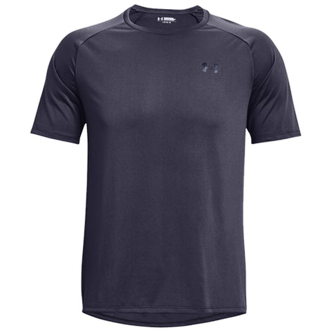 A dark navy short-sleeve athletic shirt is displayed front-facing on a plain background highlighting its smooth fabric and understated design featuring a small logo on the chest.