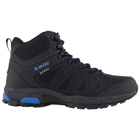 A black hiking boot features a high-top design with a textured surface and a rugged sole. It is positioned prominently against a plain background, showcasing its details and structure.