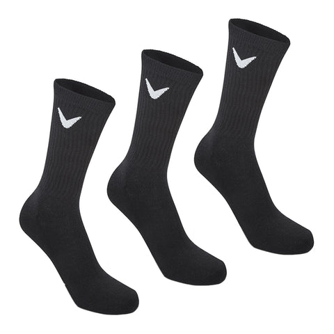 Three black socks are arranged side by side showcasing their ribbed texture and elastic cuffs displaying a small white logo on each sock's upper side.